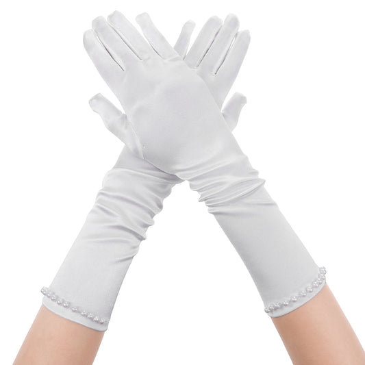 HekouJiub Long White Gloves for Girls, Princess Gloves with Pearls, Long White Glove for Children'S Parties, Weddings, Birthdays, And Other Occasions