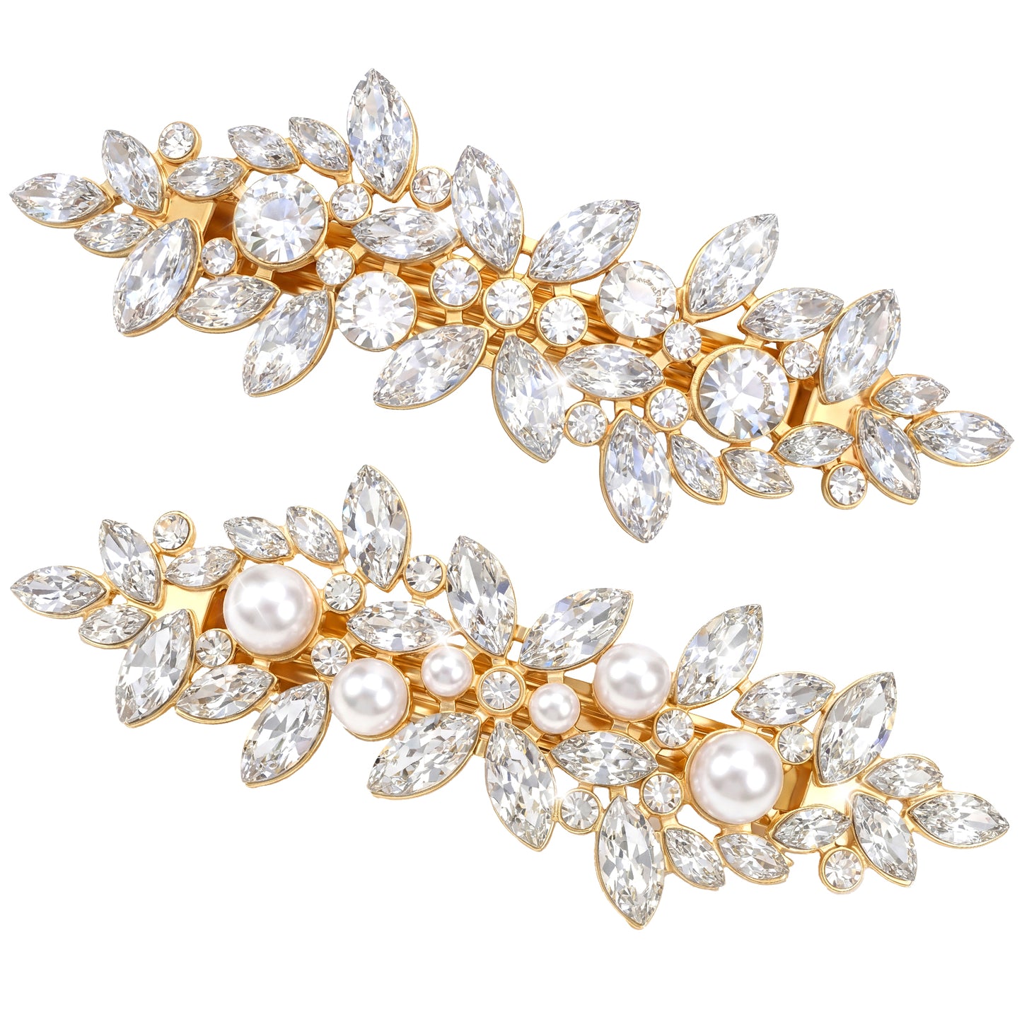 2Pcs Rhinestone Hair Clips for Women Pearl Wedding Hair Clip Sparkly Crystal Flower HairPins Fancy Hairs Barrettes Gold Bridal Hair Accessories for Women Wedding Bride Prom Long Hairs