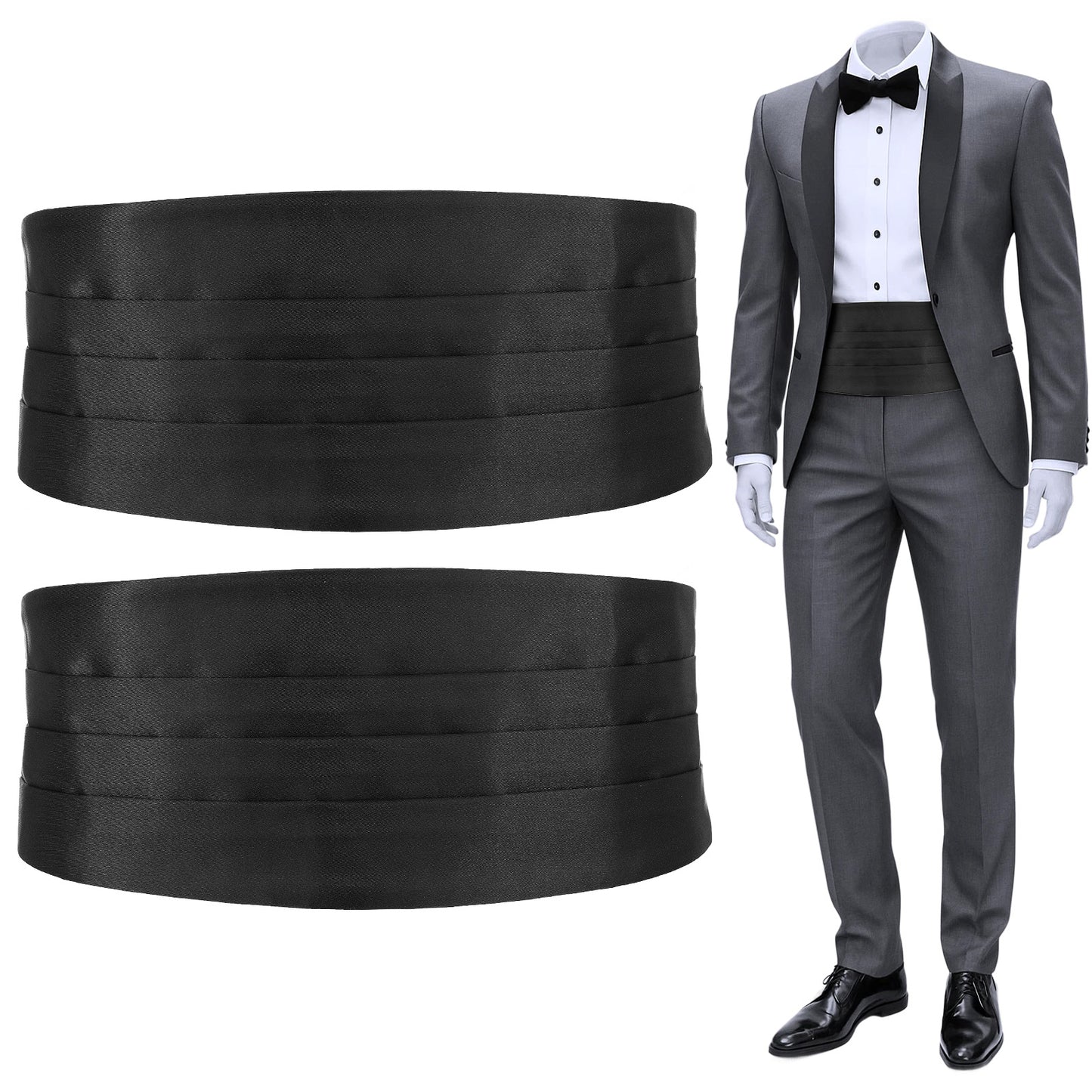 HekouJiub Men's Solid Color Cummerbund 2 Pack Satin Adjustable Cummerbund Formal Cumberbunds for Wedding Proms Tuxedo (Black)