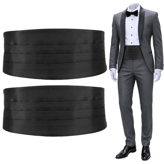 HekouJiub Men's Solid Color Cummerbund 2 Pack Satin Adjustable Cummerbund Formal Cumberbunds for Wedding Proms Tuxedo (Black)