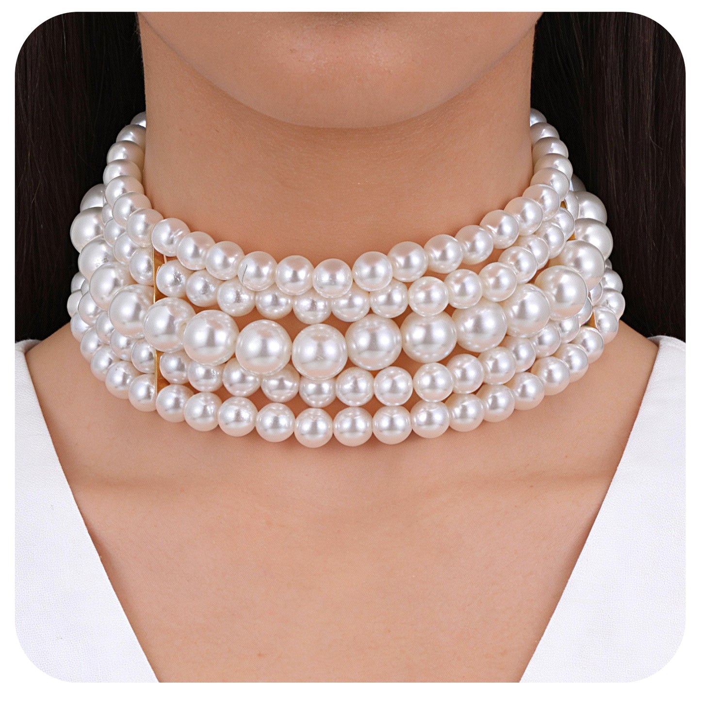 Yolev 5 Layers Boho Round Imitation Pearl Choker Necklace Vintage Multi Strands Pearl Collar Pearl Choker Necklaces for Women Bridal Wedding 20s Flapper Themed Party