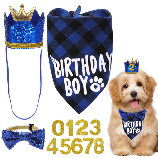 Dog Birthday Bandana Hat, Boy Dog Party Happy Birthdays Numbers Hat Bow Tie