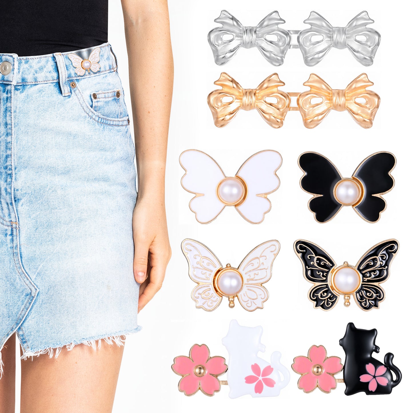 8 Pcs Adjustable No Sewing Button Pant Waist Tightener,Cute Style Waist Tightener for Pants Women,Instant Jean Buttons for Loose Jeans No Sewing Detachable Buckles