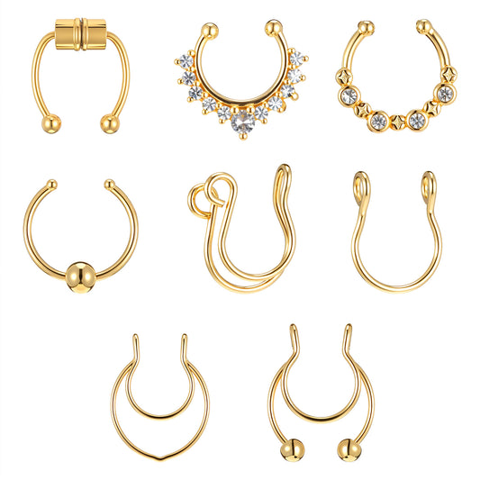 8Pcs Fake Septum Nose Ring Stainless Steel Clip on Nose Ring Magnetic Septum Piercing Fake Piercing Jewellery for Women Men (Gold)