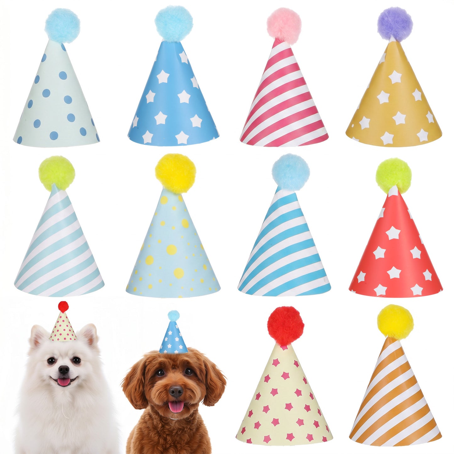 10pcs Colorful Mini Party Hats, Cute Dog Party Hats with Pom Poms for Kittens Rabbits Dogs and Stuffed Animals