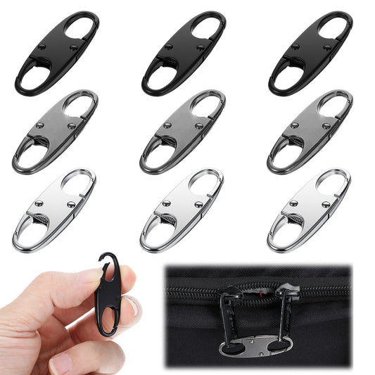 9Pcs Anti Theft Zipper Lock Clips Mini S Carabiner Clip Detachable Small Zip Puller Locks for Backpacks Camping Fishing Traveling Outdoor Sports(Black, Silver, Dark Black)