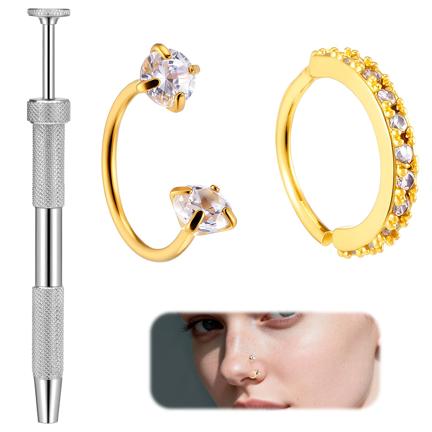 Tucnoeu 2pcs Gold Nose Rings Hoops, 20g Surgical Steel Tragus Hoop, Cartilage Earring Hoop, Double Gem Septum Ring with 1pcs Piercing Ball Grabber Tool