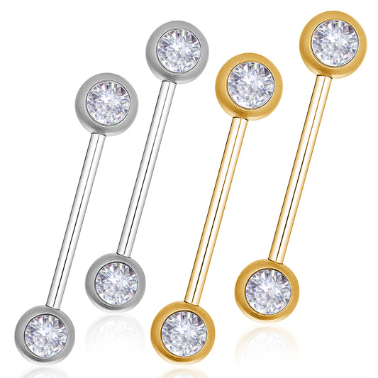Josojoou 2 Pairs Gold Sliver Round Nipple Rings, Stainless Steel Circular Rhinestone Barbell Tongue Rings Set, Nipple Piercing Barbell Ring Jewelry for Women Men