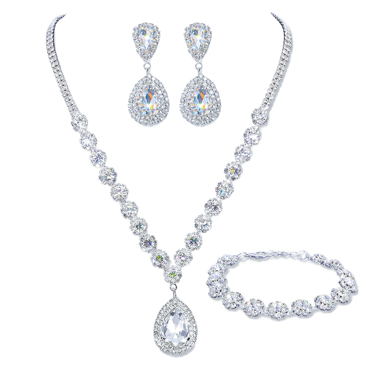 Neyauo Silver Plated Cubic Zirconia Wedding Jewelry Set, Necklace Earrings Bracelet For Women Brides Bridesmaids, Teardrop Design For Valentines Day Anniversary Birthday