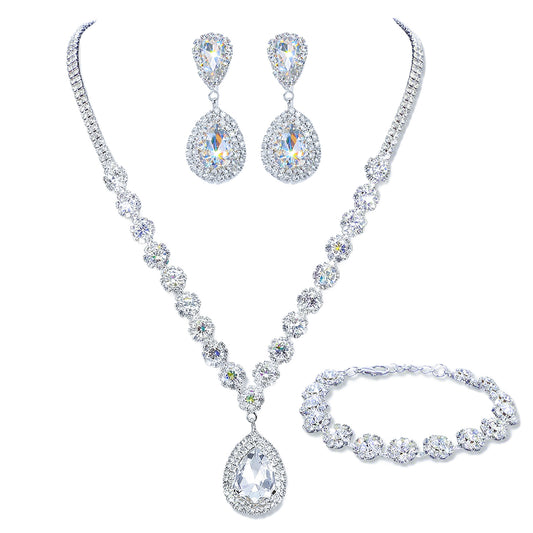 Neyauo Silver Plated Cubic Zirconia Wedding Jewelry Set, Necklace Earrings Bracelet For Women Brides Bridesmaids, Teardrop Design For Valentines Day Anniversary Birthday