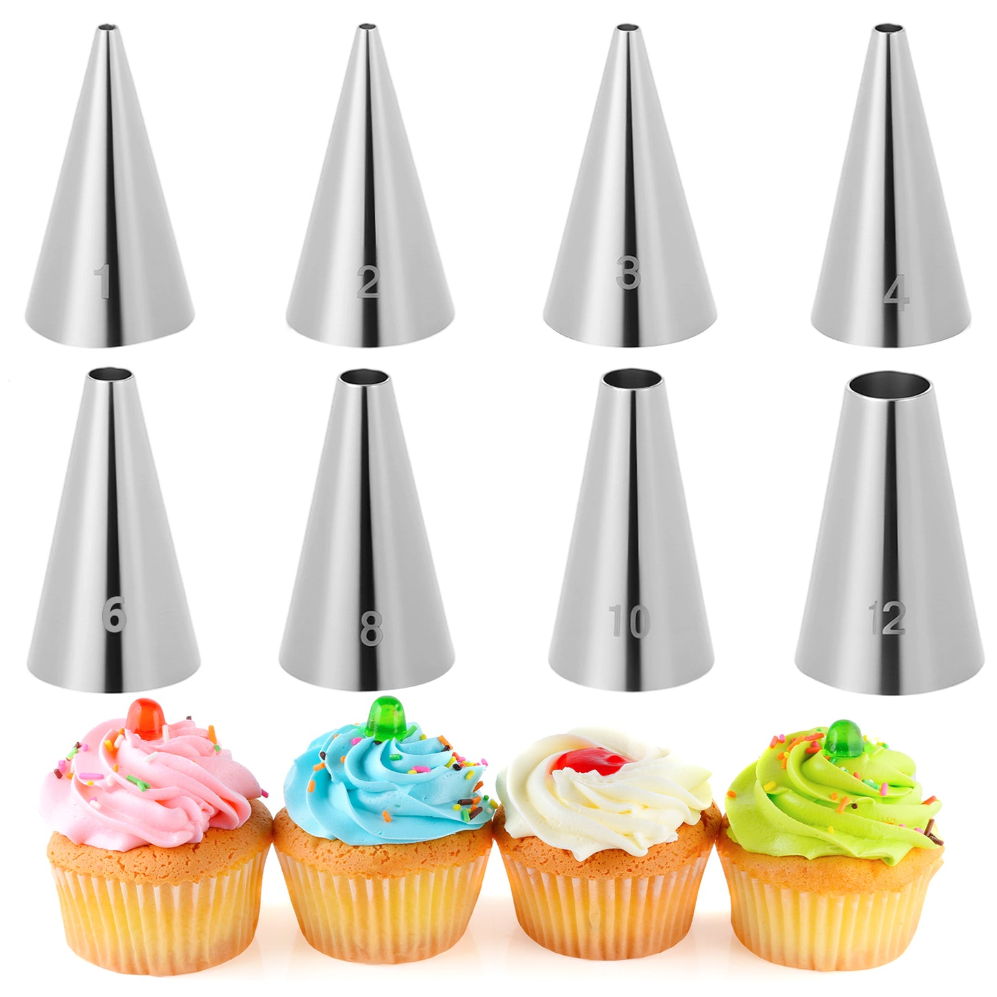 8 Pcs Round Hole Piping Tips Set, Professional Stainless Steel Cupcake Frosting Nozzles, Cake Decorating Tool, Russian Pastry Icing Dispensers Supplies for Cake Cupcakes Cookies