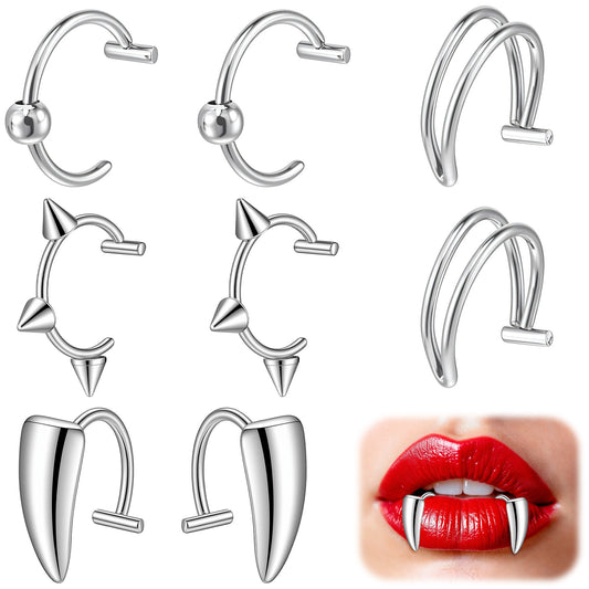 Lusofie 8Pcs Stainless Steel Fake Lip Piercing - Vampire Teeth Fake Lip Ring For Halloween Jewelry - Non-Piercing Lips Cuff Ear Cuff Earrings emo accessories