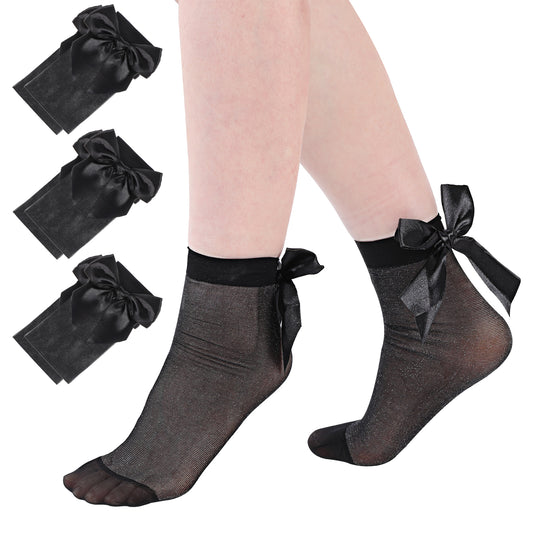 Telooco Women Sheer Socks with Bow 3 Pairs Women Glitter Bow Socks Sparkly Ankle Socks Sparkly Metallic Decorative Lace Sock