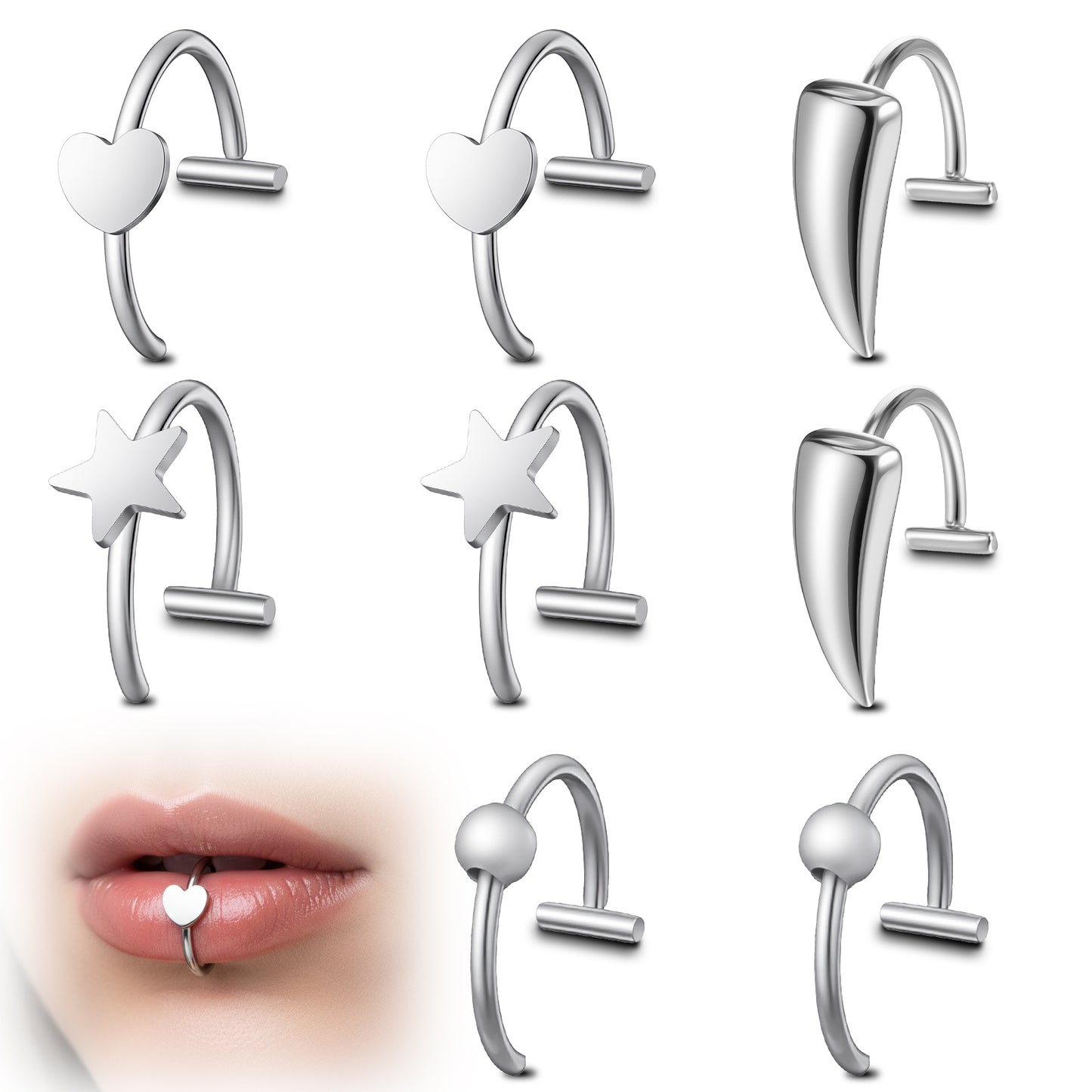 Tucnoeu 8PCS Fake Lip Ring, Stainless Steel Adjustable Non-Piercing Lip Cuff, Clip-On Fake Nose Ring, Silver Nose Piercing Jewelry For Women Men