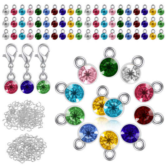 Neyauo 120 Pcs Crystal Charms for Jewelry Making, DIY Alloy Birthstone Beads, Round Bling Pendants with Lobster Clasps, Multiple Colors for Bracelets Necklaces Earrings(Silver)
