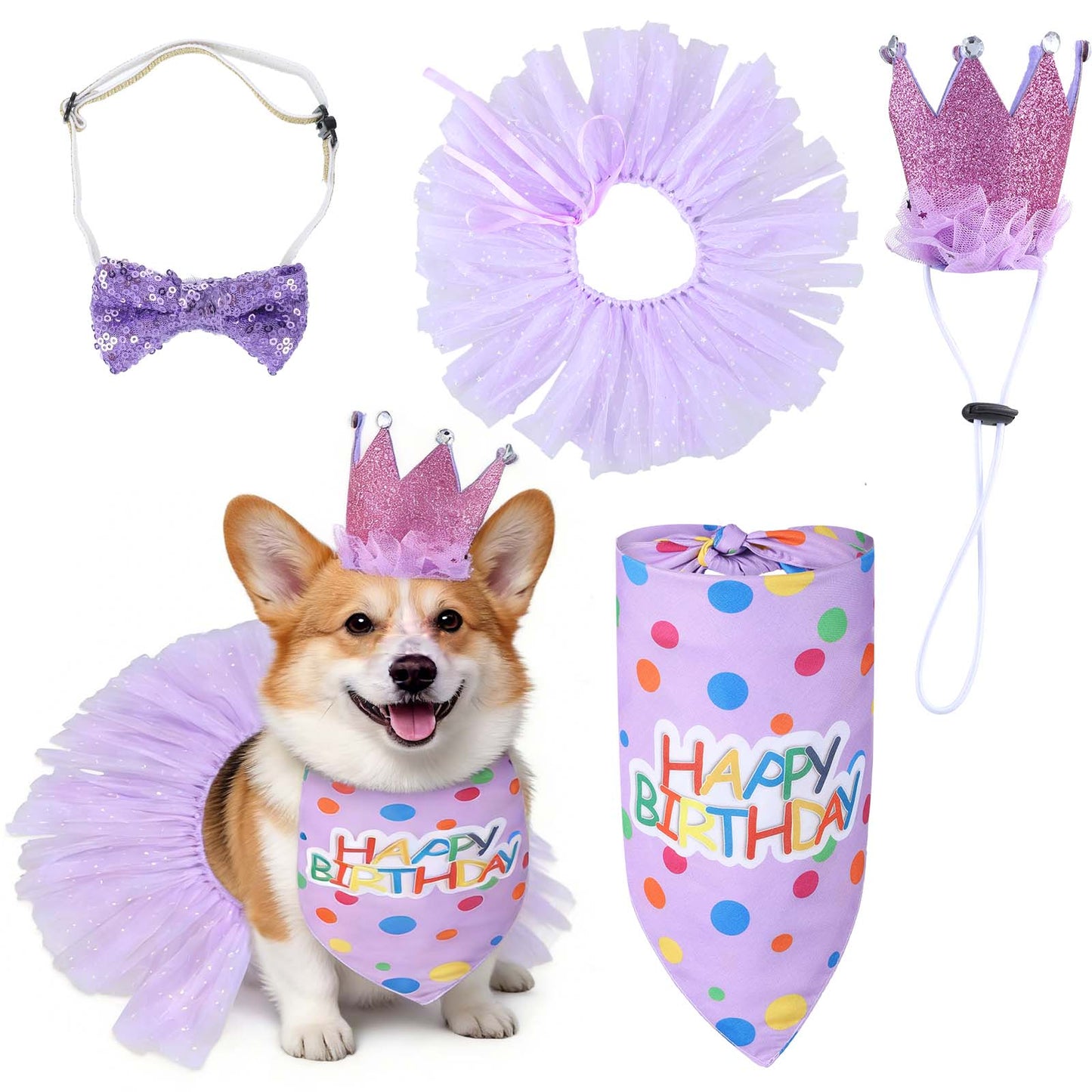 Dog Birthday Party Set, Purple Tutu Skirt, Birthday Hat, Bandana, Bow Tie, For Small Medium Large Dogs, Cats, Rabbits, Polka Dots, Sparkling Stars