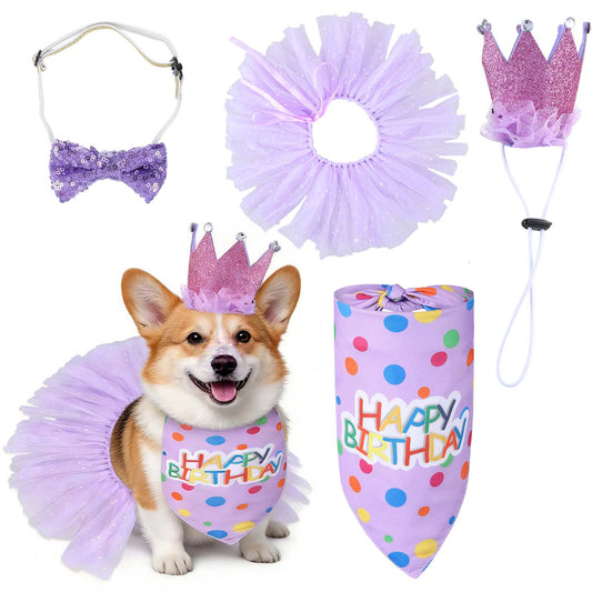 Dog Birthday Party Set, Purple Tutu Skirt, Birthday Hat, Bandana, Bow Tie, For Small Medium Large Dogs, Cats, Rabbits, Polka Dots, Sparkling Stars