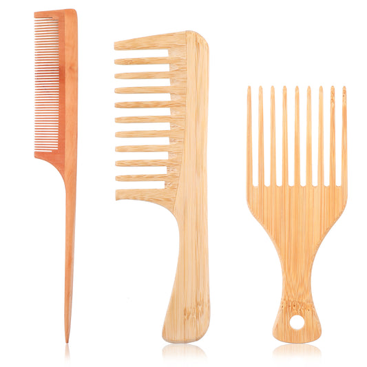 Yolev 2pcs Bamboo Combs for Afro Hair, Beard Pick for Men, Wide Tooth Comb Ideal Rat Tail Comb for Men and Women, Eco-Friendly Styling and Detangling Solution