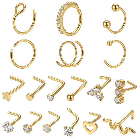 Tucnoeu 20 Gauge Nose Ring Set - 18Pcs 14K Gold Filled Nose Ring Studs & Hoops - Gold Noses Piercing Jewelry for Women & Men