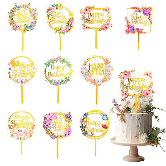 10 pcs Gold Happy Birthday Cake Toppers Acrylic Flower Cake Topper Colourful Happy Birthday Cake decorations Different Styles Butterfly Birthday Cake Toppers Supplies