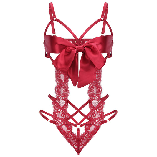 Telooco Women's Sexy Lingerie for Women Lace Bodysuit with Bow Tie Cutout Design One Piece Lingerie Sets for Women Sexy, Red, Red, One Size