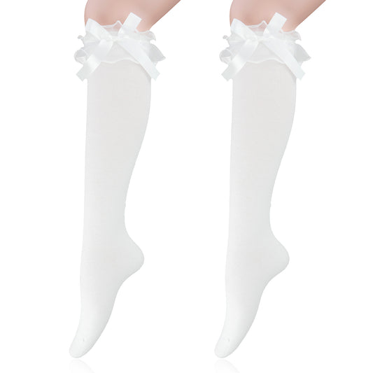 Lusofie Lace Knee High Socks with Bow Cute White Knee High Socks For Women Girl with Lace Ruffle Trim for Loli Clothing Accessories