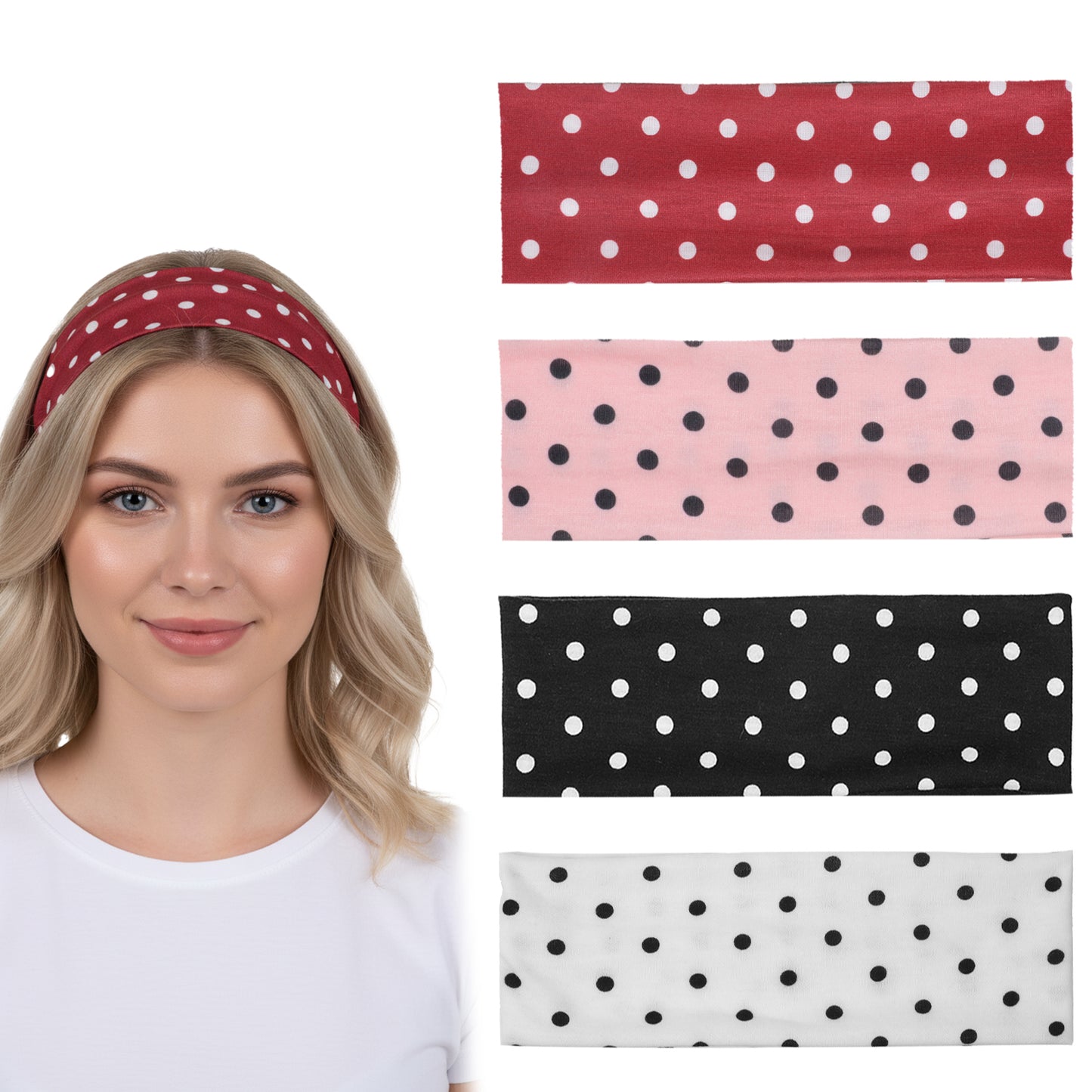 4pcs Polka Dot Headband Set, Stretchy Spa Yoga Headbands, Soft Non Slip Fashion Head Bands, Elastic Wide Sweatband Headband, for Everyday Wear, Workout & Outfits