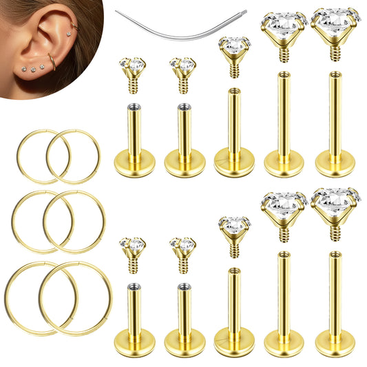 Josojoou 14K Gold Plated Cartilage Earrings Set 18G Flat Back Stud Earrings 316L Surgical Steel Internal Thread Tragus Helix Cartilage Conch Nose Medusa Piercing Jewelry With Piercing Taper