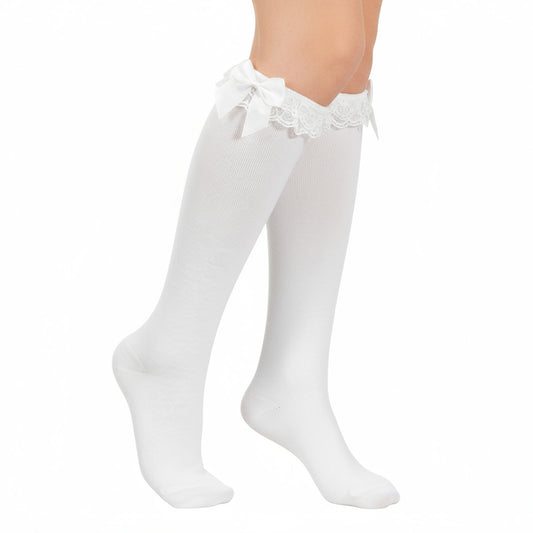 Telooco Lace Knee High Socks with Bow Knee High White Socks White Bow-knot Soft Princess Loli Sock for Daily Wear School Dating Dance Bow Style