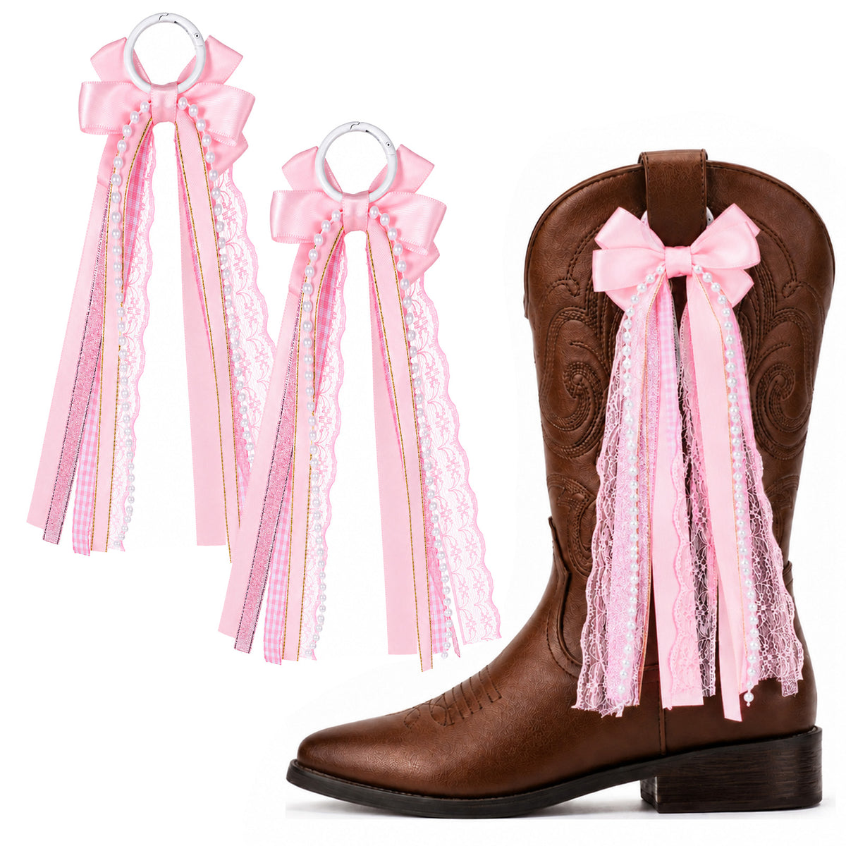 2 Pcs Pink Ribbon Boot Bows, Removable Satin Pearl Lace Boot Accessories