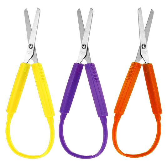Loop Scissors 3Pcs Adaptive Design Scissor 14cm Colorful Handle Self-Opening Safety Scissors for Kids Children Schools Special Need(Yellow, Orange, Purple)
