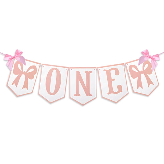 Bow One High Chair Banner - First Birthday Decorations for Girl, Pink White First Birthday High Chair Banner, Princess Girls 1st Party Decor Cake Smash Photo Prop