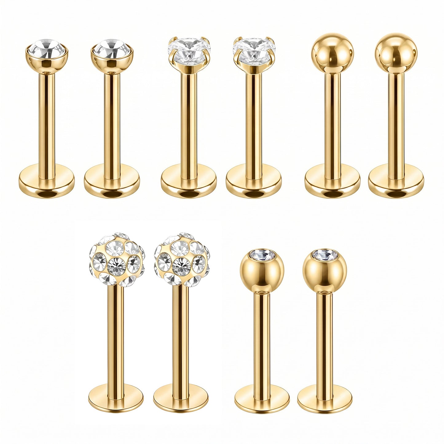 Telooco 5 Pairs Labret Piercing Jewellery 16G Stainless Steel Lip Bar Tragus Stud Cubic Zirconia Flat Back Earrings Internally Threaded Labret Studs Cartilage Earrings Helix Piercing Jewellery, Gold