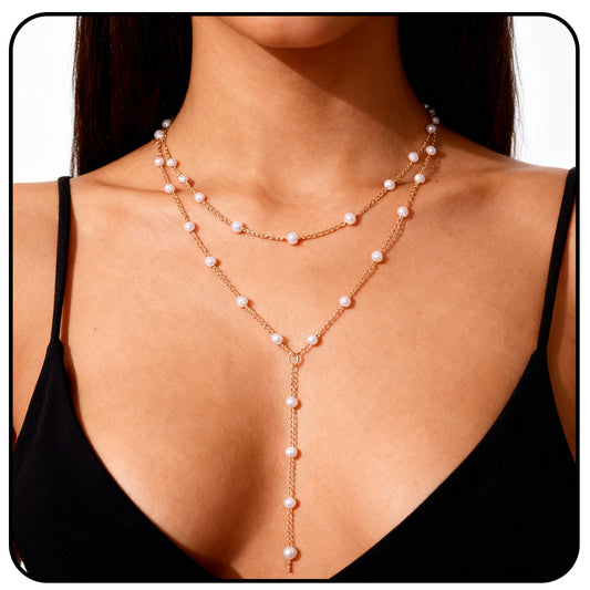 HekouJiub Lariat Gold Necklace for Women Y-Shaped Pearl Layered Chain Adjustable Dainty Stack Necklace Jewelry for Women