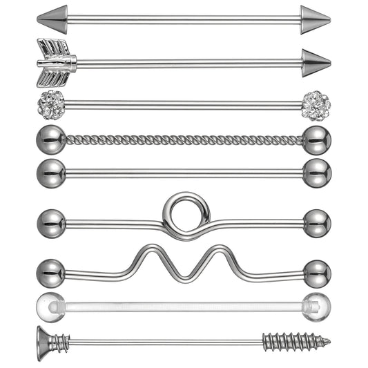 Tucnoeu 9pcs 14G Industrial Piercing Jewelry, Cartilage Helix Piercing Earring, Surgical Steel Industrial Barbell Earrings, Silver for Women Men