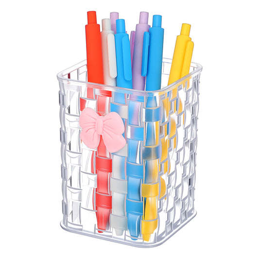 DIVINA VITAE Acrylic Pen Holder For Desk, Clear Pencil Organizer Makeup Brush Cup Holders With Bow, Rattan Textures, Compact Size, Transparent