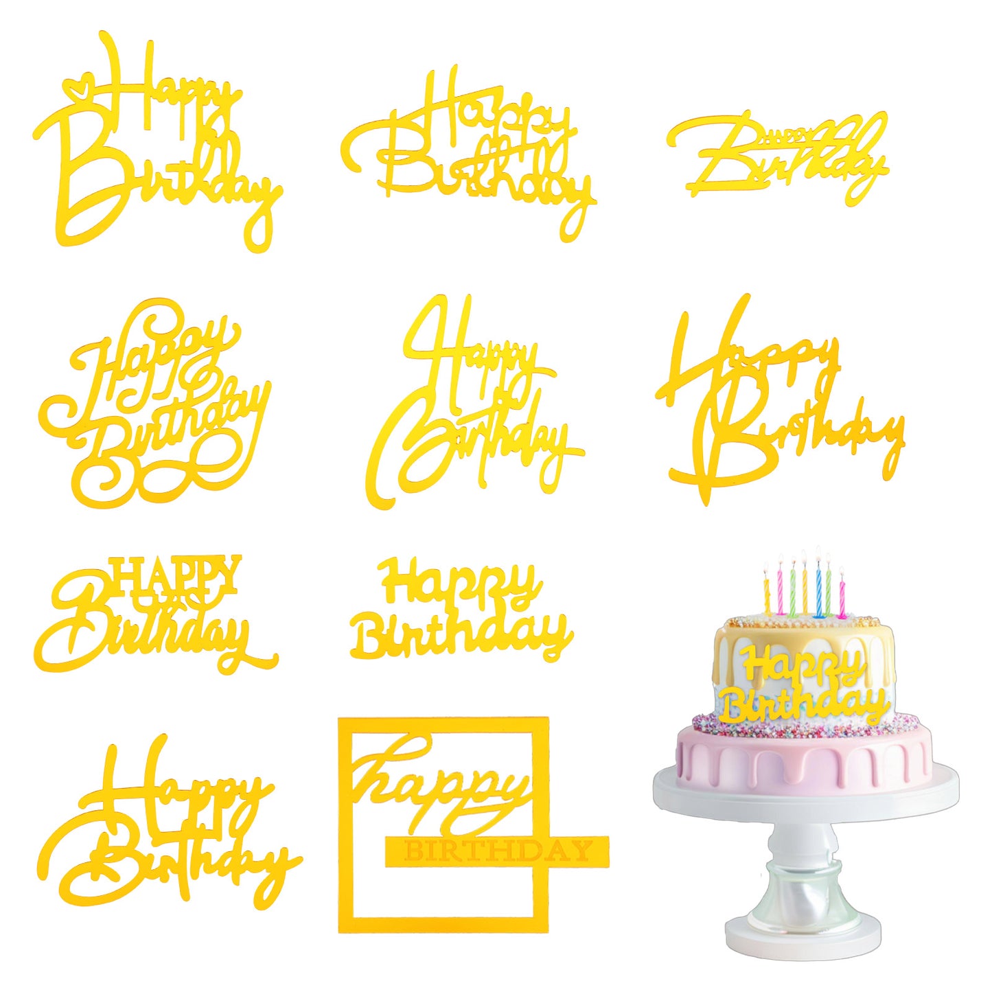10pcs Cake Toppers Happy Birthday Mirror Acrylic Gold Happy Birthday Cake Topper Side Inserts For Cakes Decorations Gold Cakes Topper For DIY Party Decoration 10 Styles