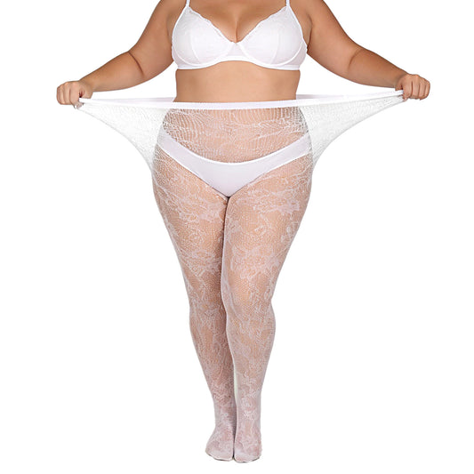 Lusofie 2pcs Plus Size Lace Tights Floral Pattern - High Waist Plus Size Stockings for Women - Comfortably Up to 230 lbs(Multicolor,White)
