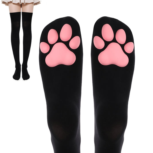 Lusofie Cat Paw Socks for Women Black Cute Thigh High Socks Kawaii Soft 3D Cat Sock Toe Beans Knee High Sock for Cosplay Halloween Party