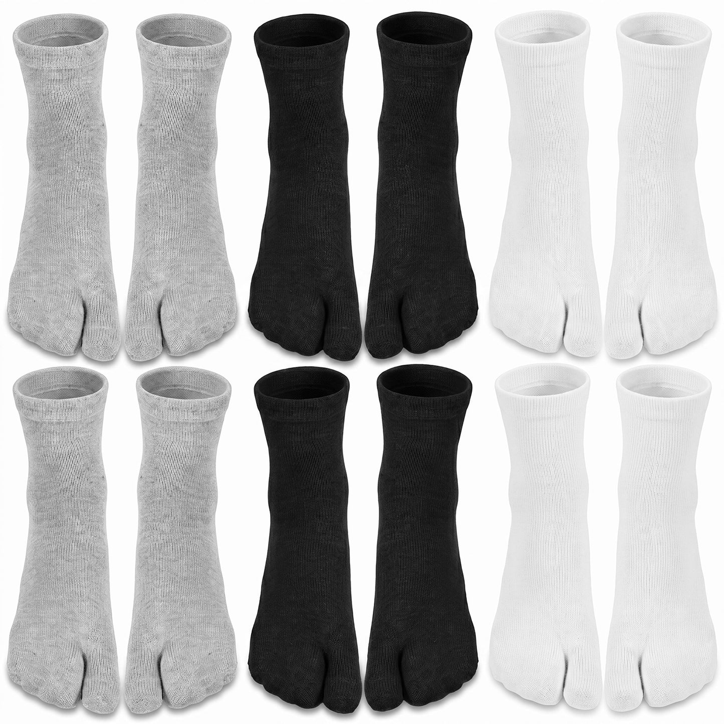 Yolev 6 Pairs Split Toe Socks, Japanese Socks, Soft Cotton Tabi Socks, Elastic Big Toe Geta Socks with Toes Separated for Women Men Unisex (Black, White and Gray)