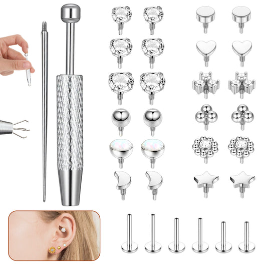 Josojoou 16G Flat Back Stud Earrings for Women Men, 316L Surgical Stainless Steel Internal Thread Tragus Helix Cartilage Conch Nose Medusa Piercing Jewelry With Piercing Ball Grabber Tool