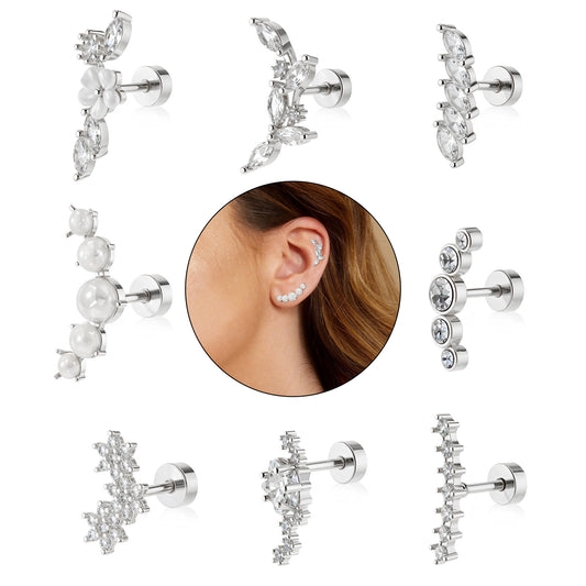 Yolev 8 PCS 16G Cartilage Earrings Helix Piercing Jewelry Back Earrings Helix Piercing Jewelry Opal Stud Earrings Set Flower Leaf Screw Back Earrings Piercing Jewelry (Silver)