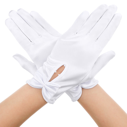 Neyauo Elegant Wedding Gloves, Short Lace Gloves With Bow, White Bridal Glove For Opera, Dinner Party, And Formal Occasions