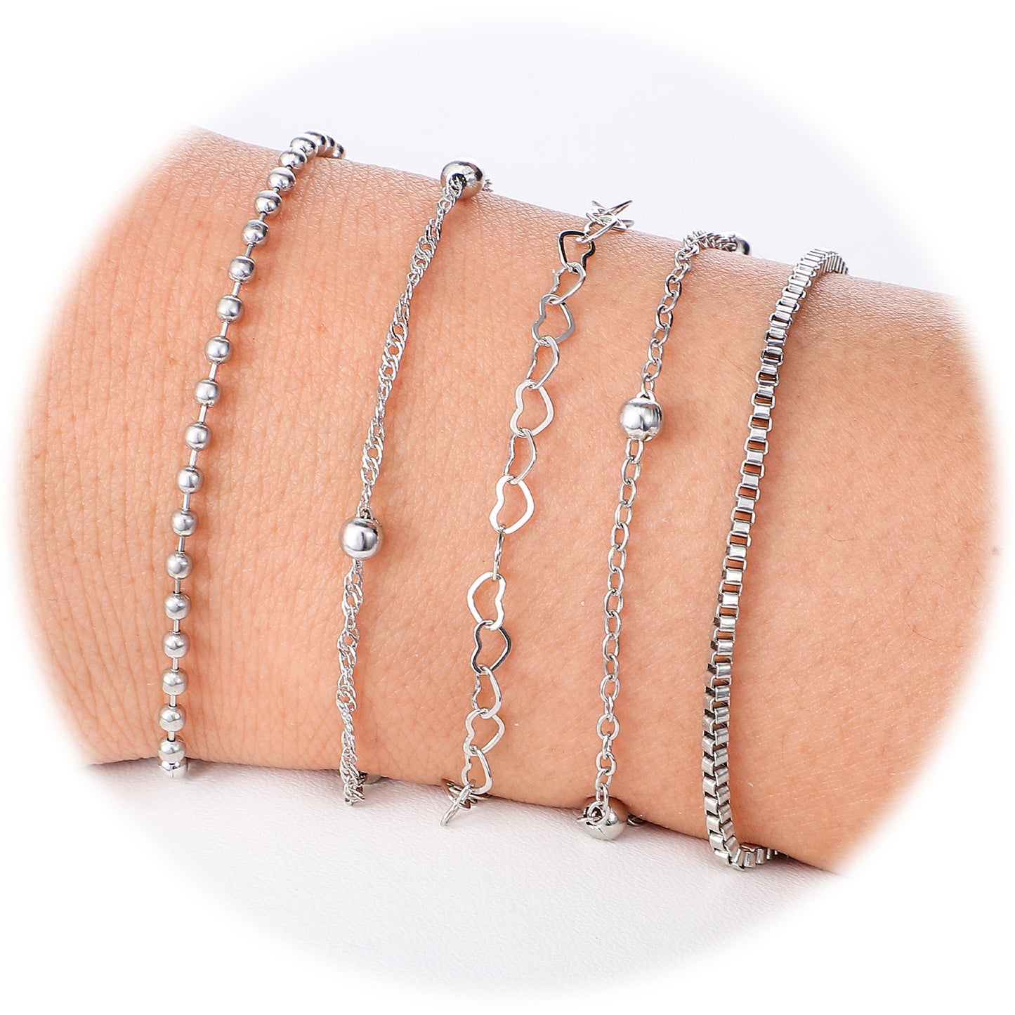 Josojoou 5PCS Silver Stackable Bracelets for Women, Stylish Versatile Dainty Silver Bracelet with Extension Chains, Exquisite Silvery Chain Bracelet for Women, Gift for Woman