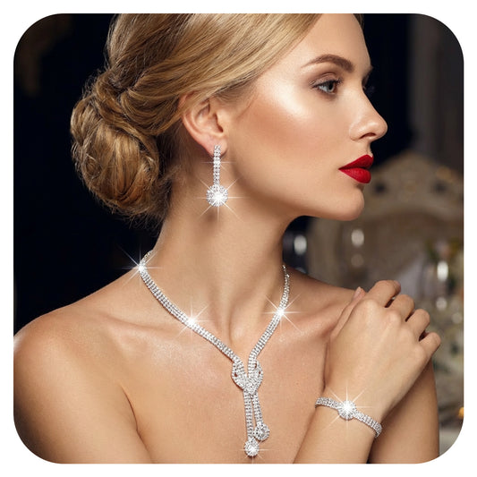 Telooco Rhinestone Silver Jewelry Set Crystal Necklace Drop Dangle Earrings Set Bling Wedding Formal Costume Jewelry for Women and Brides