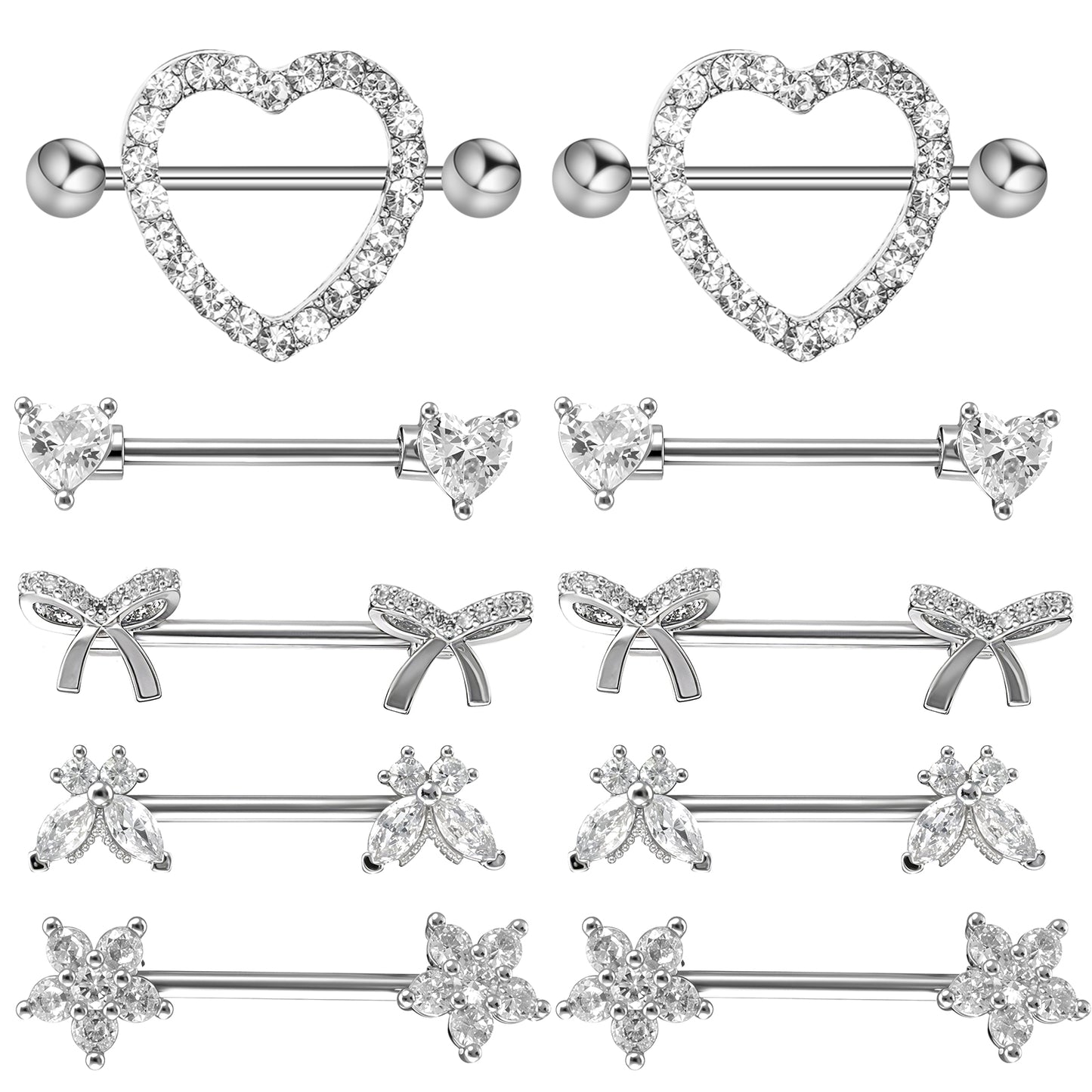 Josojoou 5 Pairs of Nipple Jewelry, Stainless Steel Heart, Star, Flower Nipple Ring, Cute Nipples Piercing Jewelry (Silver)