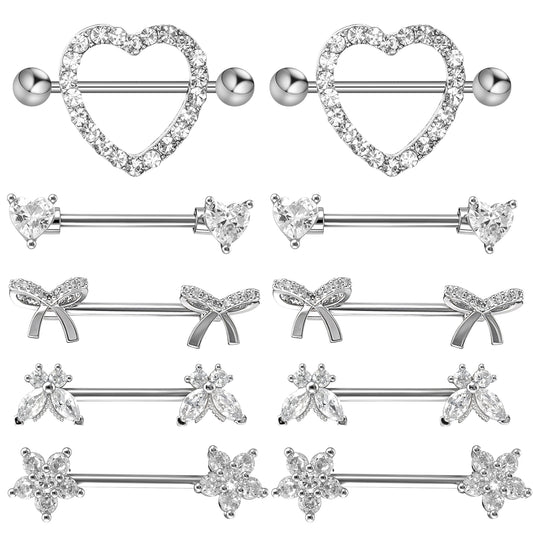 Josojoou 5 Pairs of Nipple Jewelry, Stainless Steel Heart, Star, Flower Nipple Ring, Cute Nipples Piercing Jewelry (Silver)