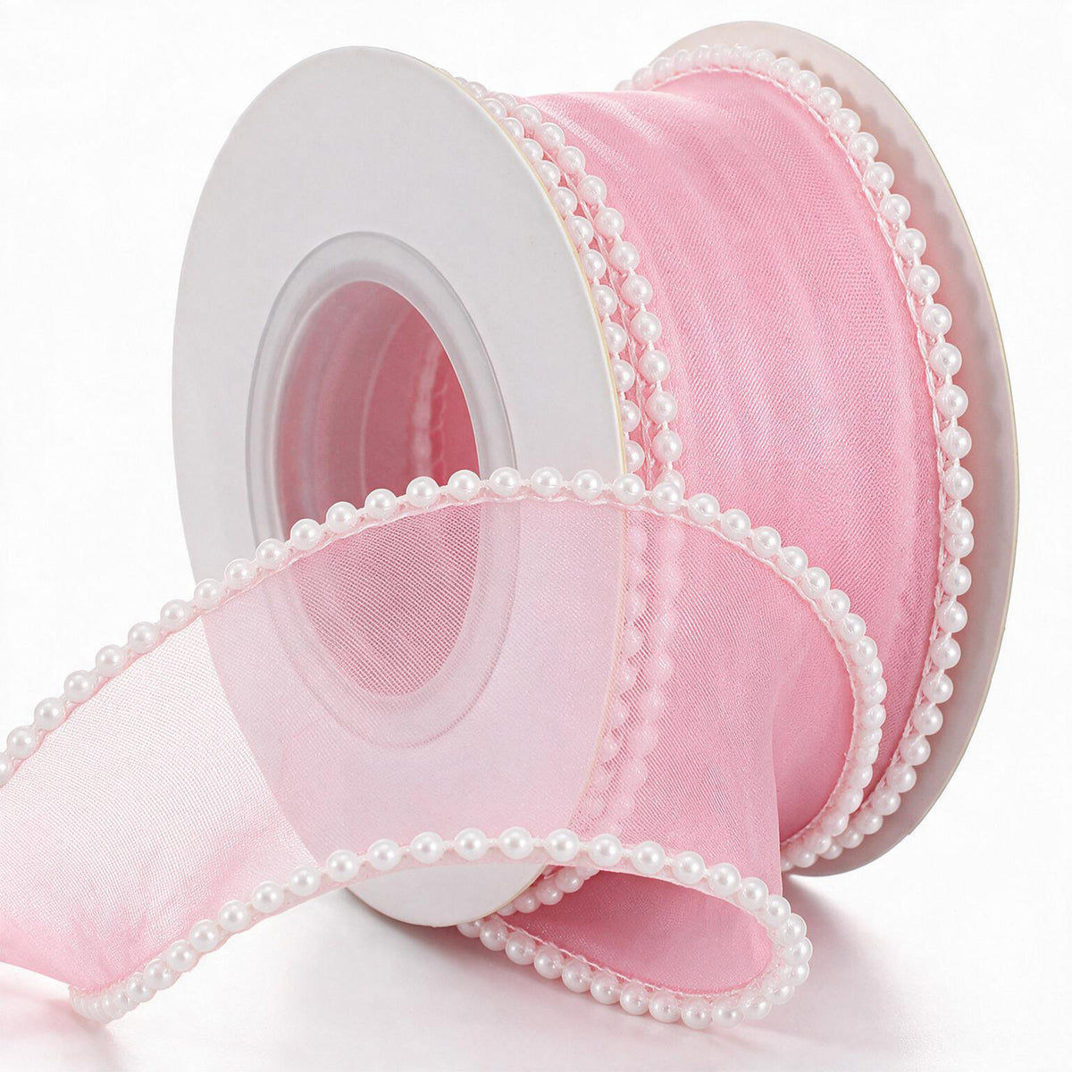 Pearl Edge Organza Chiffon Ribbon Sheer Organza Ribbons Rolls (Pink)