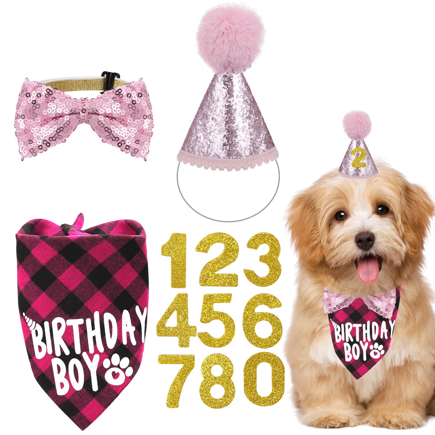 Dog Birthday Bandana Dog Birthday Hat Girl Dogs Party Birthdays Numbers Hat Bow Tie for Pet Puppy Cat Birthdays Party Decorations, Pet Costumes Headwear Accessories