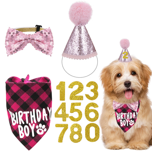 Dog Birthday Bandana Dog Birthday Hat Girl Dogs Party Birthdays Numbers Hat Bow Tie for Pet Puppy Cat Birthdays Party Decorations, Pet Costumes Headwear Accessories